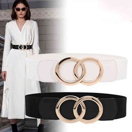 Fashion Women Elastic Double Circle Vintage Cummerbunds Luxury Brand All-Match Overcoat Dress Casual Black White Waistband G220301