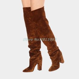 Boots Suede Over The Knee Square High Heel Solid Zipper Winter Women Custom Made Pointed Toe Slouchy Style Runway