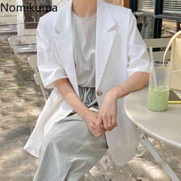 Nomikuma Korean Chic Blazer Women Notched Collar Short Sleeve Casual Jackets Solid Colour Single Breasted Loose Tops Ropa Mujer 210514