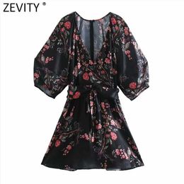 Zevity Women Vintage V Neck Floral Print Casual Slim Mini Dress Chic Female Lantern Sleeve Kimono A Line Vestido DS5023 210603