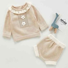 Infant Baby Girls Knit Long Sleeve Lace Top + Shorts Pants Clothing Sets Autumn Winter Kids Girl Suit Clothes 210521