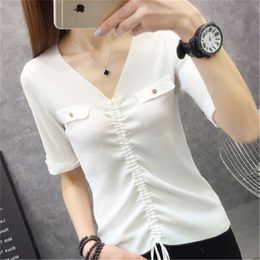 Femare Collar Slim Half-sleeve Drawstring Sweater Women's Thin Section Short-sleeved Ice Silk Primer Summer 210427