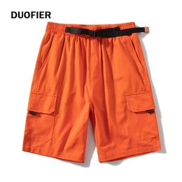 Summer Men's Orange Pocket Cargo Shorts Baggy Cotton Linen Breathable s Jogger Beach Short Belt Pants 8XL 210714