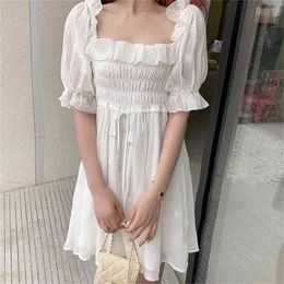 Korean Style Summer Women White Puff Sleeve Fairy Dress Vintage Elegant Hollow out Embroidery Chiffon Sweet 210519