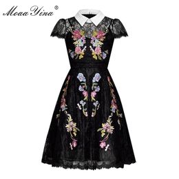 Fashion Designer Runway dress Spring Summer Women Dress Lace Floral Embroidery Black Elegant Dresses 210524