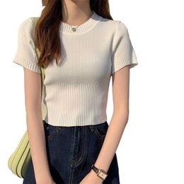y2k top fashion knit sweater women summer white western-style tight-fitting short short-sleeved 210520
