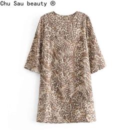 Women's Spring Summer Back Invisible Zipper O Neck Leopard Five-Point Sleeve Loose Dress Short Skirt Female Fashion 210508