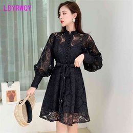 Japanese lantern sleeves lace retro palace style minority dress Knee-Length Regular Full Sheath 210416