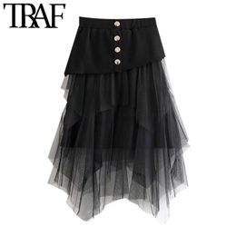 Women Chic Fashion Tulle Patchwork Asymmetrical Midi SKirt VIntage High Elastic Waist With Lining Female Skirts 210507