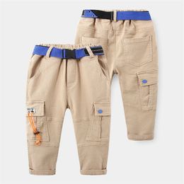 Baby Long Cargo Pants New Spring Autumn Children's Clothing Kids Big Pocket Teens Casual Loose Trousers With Belt For Boys 210414