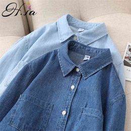 HSA Spring Women's Long Sleeve Denim Shirt Fashion Ripped Mid-length Jeans Buttons Tops Boyfriend Loose s 210430