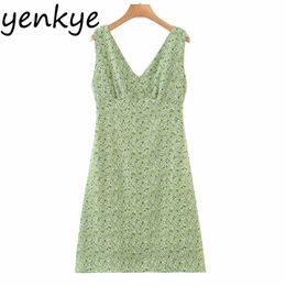 Vintage Green Floral Print Summer Tank Dress Women V Neck Sleeveless High Waist A Line Vestido Female Prairie Chic Robe 210514