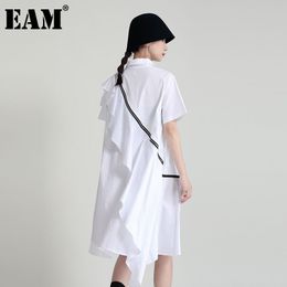 [EAM] Women Back Ruffles Irregular Big Size Shirt Dress Lapel Short Sleeve Loose Fit Fashion Spring Summer 1DD8678 210512