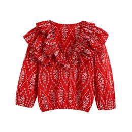 Women Red Hollow Out Embroidery Ruffles Blouses Fashion V Neck Three Quarter Sleeve Female Shirts Blusas Chic Tops 210430