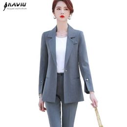 Grey Pants Suit Women Autumn Temperament Fashion Casusl Long Sleeve Blazer and Trousers Office Ladies Formal Work Wear 210604