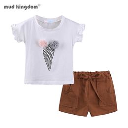 Mudkingdom Girls Shorts Set Ruffle-Sleeve Ice Cream Pattern 3D Flower Summer Clothes 210615