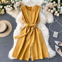 Neploe Jumpsuits Women Fashion O Neck Sleeveless Ladies Playsuits Elegant Lace Up Slim Waist Wide Leg Beach Bodysuit 1E120 210423