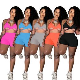 Women's Tracksuits Fitness Sporty 2 Piece Set Beach Wear Halter Criss-Cross Lace Up Bandage Crop Top And Biker Shorts Sets Solid Color Track