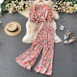 Two-piece Suit Female Bowknot Decorated V-neck Puff Sleeve Short Top All-match Pleated Wide-leg Pants UK567 211105