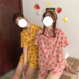 Korean Pyjamas for Women Kawaii Room Wear Spring Summer Pyjamas Sweet Pijama Short Sleeve Home Suit Fruit Print Sleepwear 210809