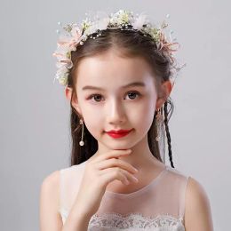 Hair Accessories Children Headdress Flower Crown Headband Wedding For Girls Princess Ornament Birthday Present Wreath + 1 Pair Earring Set