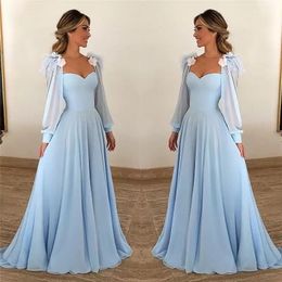 Light Sky Blue Prom Dresses Sweetheart With Feather Flowers Puff Long Sleeve Evening Gowns A-Line Elegant Formal Party Dress Vestidos De Gala 2022
