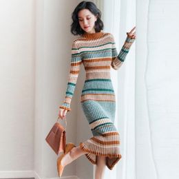 Autumn Winter Elegant Striped Sweater Dress Vintage Slim Turtleneck Long Sleeve Twist Knitted Dress Female Midi Pleated Dress 210514