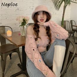 Neploe Square Collar Clavicle Exposed Sexy Knit Sweater Women Pullover Long Sleeve Slim Pull Femme Short Pink Sueter Spring 210423