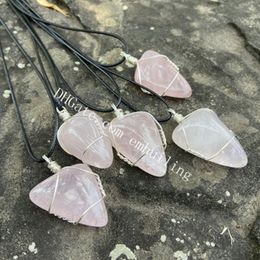Rose Quartz Natural Gemstone Pendant Necklace Handmade Wire Wrapped Polished Tumbled Irregular Healing Pink Crystal Point Stone Necklaces Women Girls Men Gifts