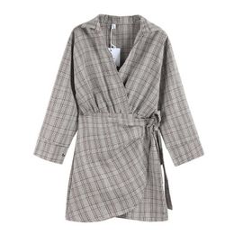 PERHAPS U Brown Plaid Long Sleeve Mini Short Dress Turn Down Collar Elegant Vintage D1322 210529