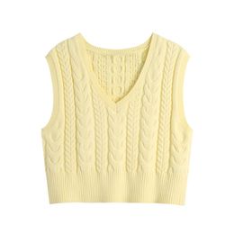 BLSQR Fashion Yellow Cable-knit Vest Sweater Women Vintage V Neck Sleeveless Female Waistcoat Chic Short Tops 210430