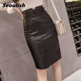 Seoulish Autumn Winter Black PU Leather Pencil Midi Skirts High Waist Split OL Elegant Sheath Wrap Skirts with Belt Female 211120