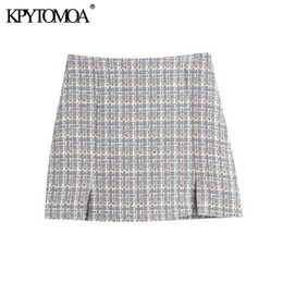 Women Chic Fashion Front Slits Tweed Mini Skirt High Waist Side Zipper Female Skirts Mujer 210420