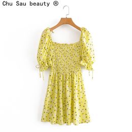 Vintage Square Collar Puff Sleeve Floral Bandage Stretch Chest Dress Woman Summer Waist Down Slim Mini Vestidos De Mujer 210514