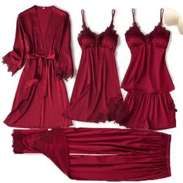 Pyjama Set Women Lace Trim Satin Sleepwear Pyjamas Pour Femme Summer Nightwear With Pants Casual Home Wear Kimono Robe Gown PJS 210830