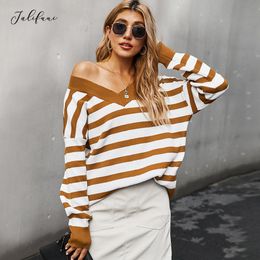 Sweater Autumn Winter Fashion Baggy Loose Brown Striped V Neck Knitted Pullover Jumper Sweaters Tops Fall Women Clothing 210415