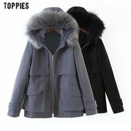 Toppies Woman Jacket Coat Zipper Hooded Jacket Faux Fur Collar Female Outwear Front Pockets Streetwear 210412