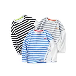 Spring Boys Long Sleeve T-shirts Striped O-neck Bottom Tops for Teenagers Fashion Kids Clothes 8 To 12 Black/grey/blue 210622