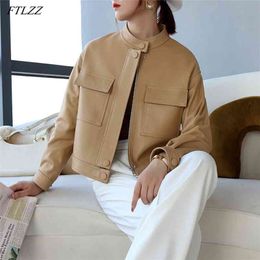 Spring Soft Leather Short Jacket Women Solid Color Big Pocket Outerwear Locomotive PU Coat Autumn Moto Jackets 210430