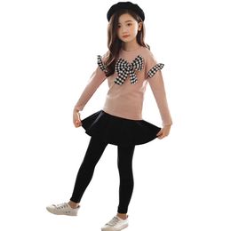 Teen Girls Clothing Plaid Sweatshirt + Cake Pants Suit For Big Bow Clothes Casual Style Childrens 210528