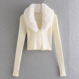 Women's Knits & Tees Temperament Short Knitted Solid V Neck Fur Collar Cardigan Single Buttons Long Sleeve Autumn Slim Sweater Top