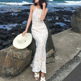 Summer Women Maxi Mermaid Sleeveless Off Shoulder Sexy Backless White Lace Long Tunic Beach Dress 210415