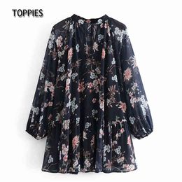 Toppies Sexy Transparent Mini Dress Women Chiffon Blouses Dressess Female Lantern Sleeve tunic Spliced Hem Clothes 210412