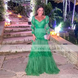 Green Formal Evening Dress 2021 Long Sleeves Appliques Lace Occasion Party Gowns Plus Size Prom Dress