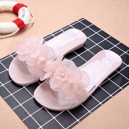 New Summer Slippers Women Shoes Woman Flower Crystal Jelly Cool Slides Fashion Flat Bottom Transparent Non Slip Beach Shoes Y0406