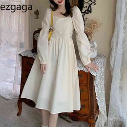 Ezgaga Vintage Elegant French Style Spring New Fashion Midi Dress Women Square Collar Soli Long Sleeve High Wasit Party Dresses 210430