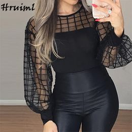 Blouse Women Plus Size Long Sleeve O Neck Female Shirts Mesh Patchwork Lantern Tops for Fashion Autumn Office Lady 210513