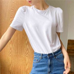 Women t shirts Loose Casual Puff Shorts Sleeve White Purple Black Solid Colour Round Neck Top T-shirt Woman clothes 103H 210420