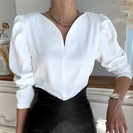 Korea elegant chic V-neck shirt blouse for womens loose solid color puff sleeve shirt blouse Office Lady V-Neck tops for women 210514