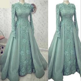 Turquoise Muslim A Line Prom Dresses With Long Sleeves Appliques Lace Evening Party Gowns Dubai Arabic Special Ocn Formal Dress Plus Size